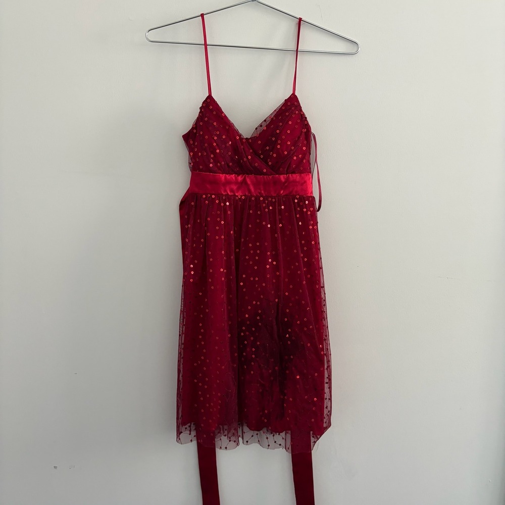 BCX Red Sequin Mesh Mini Dress‎ Satin Waist Tie Sleeveless Party Size 3
